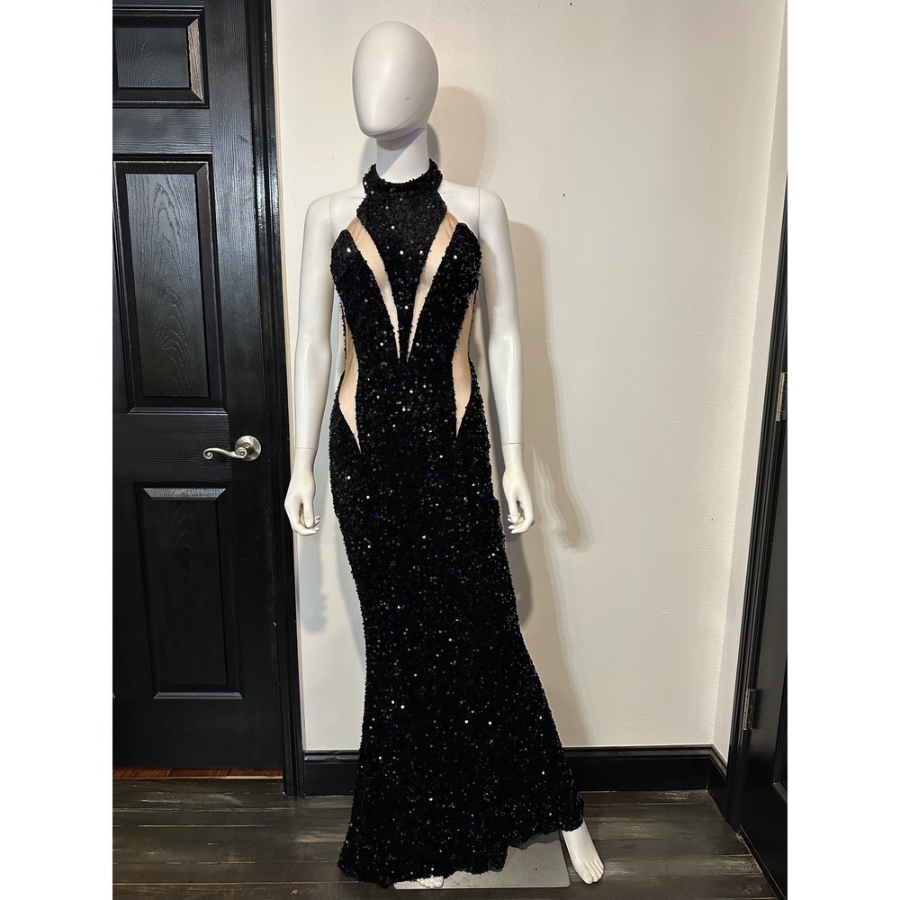 Love & Lemonade Black Sequin‎ High Neck Mesh Cutout Formal Maxi Gown Dress